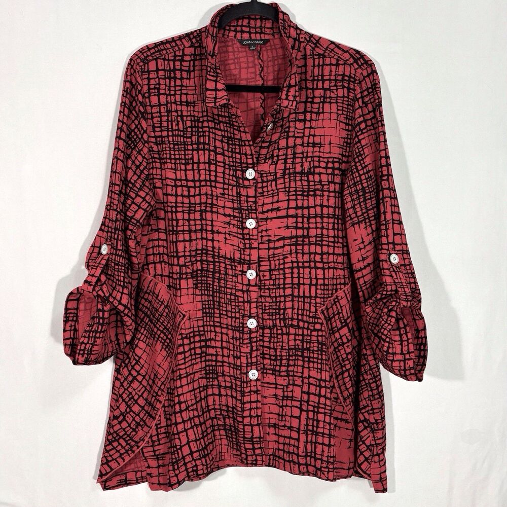 John Mark Button Up Tunic Large Black & Red Windowpane Top Wire Collar Roll Tab